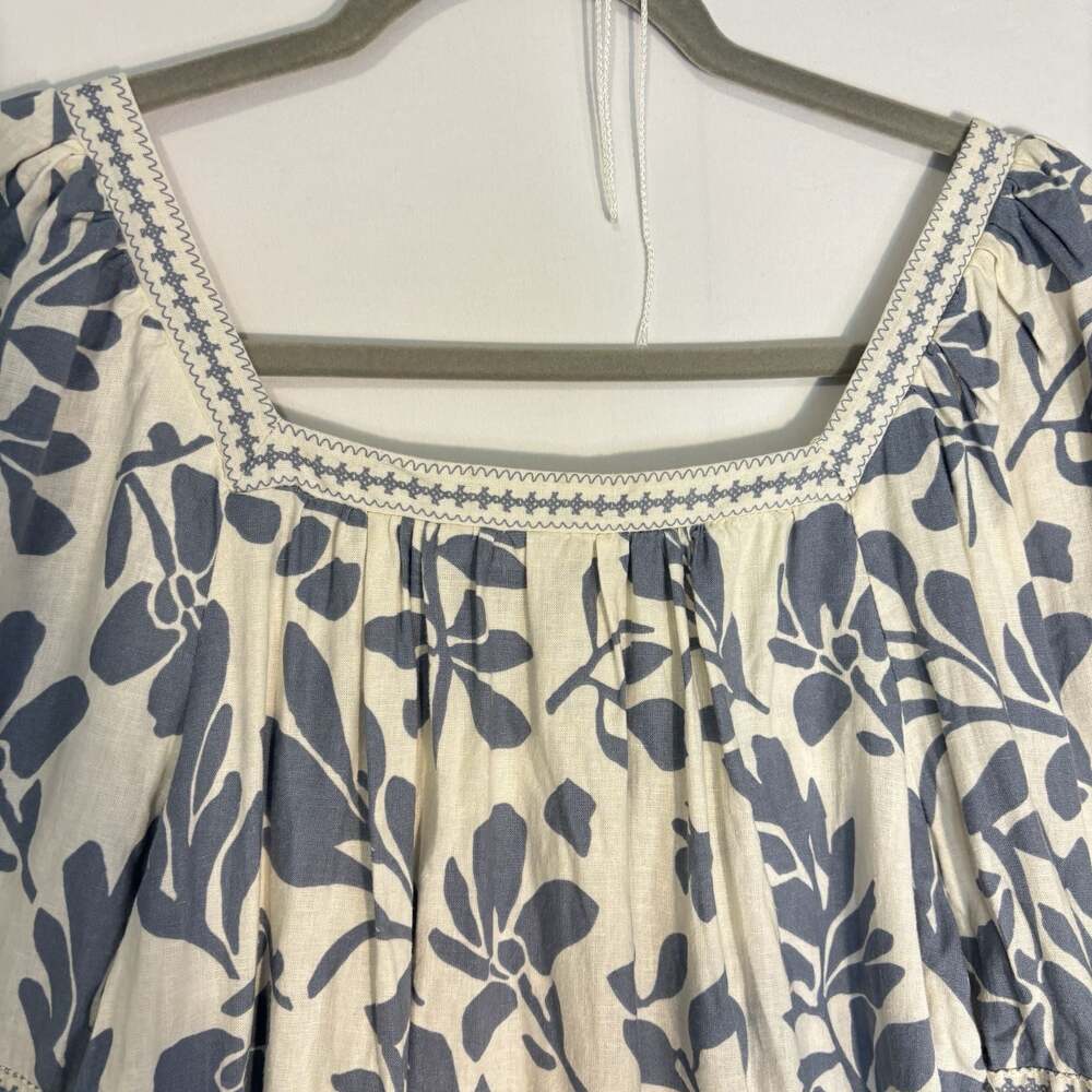 Christian Siriano Top Blue White Floral Bell Sleeve Linen Women M Boho Resort - Picture 9 of 13
